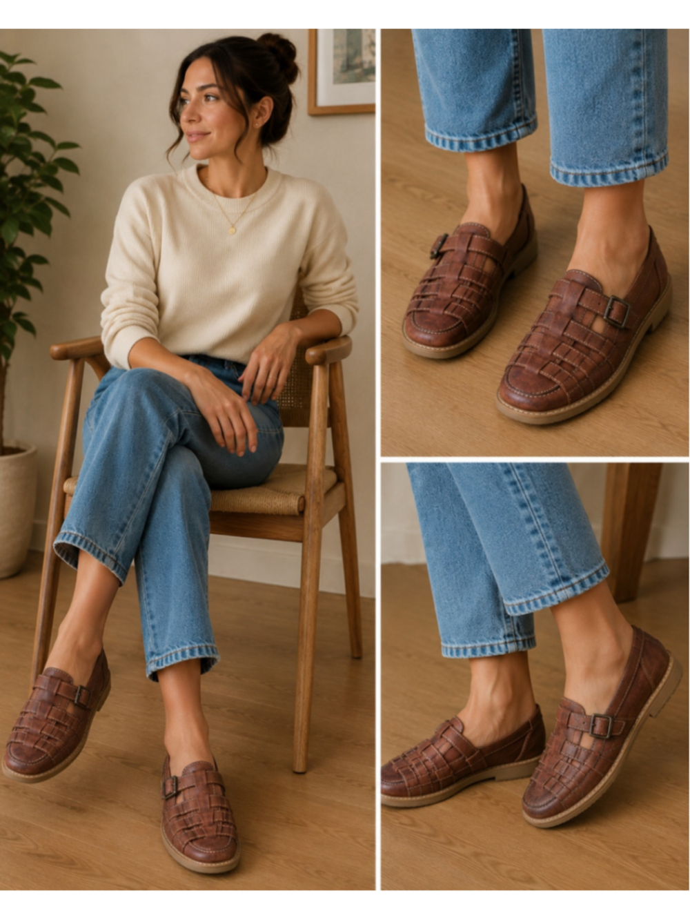 Frye Cognac Brown Leather Woven Buckle Loafers Slip-On Moccasin Shoes Size 7.5